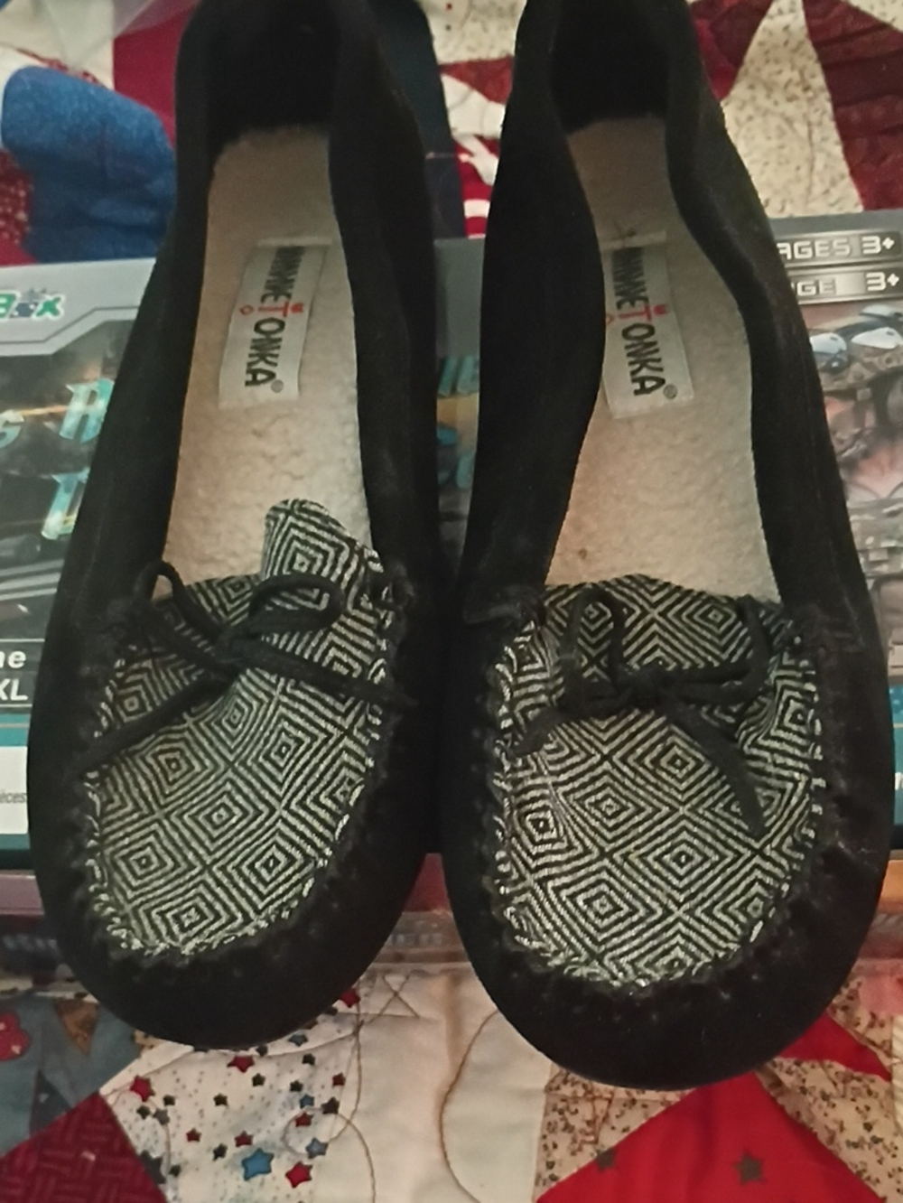 Minnetonka Black Suede Moccasins with Geometric Insole
